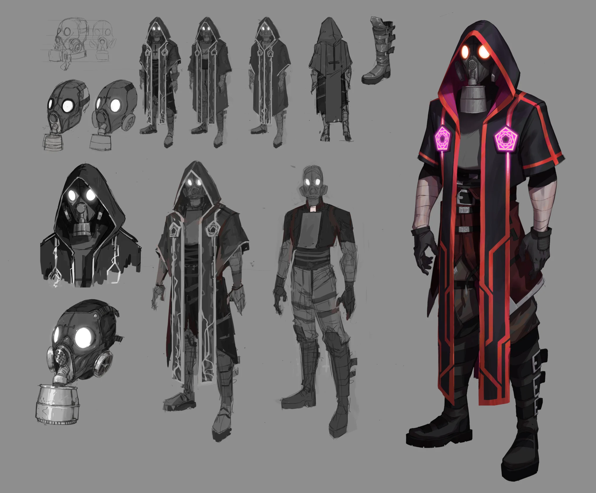 Concept art sheet of the Carpenter Brut character: hood, gas mask, outfit