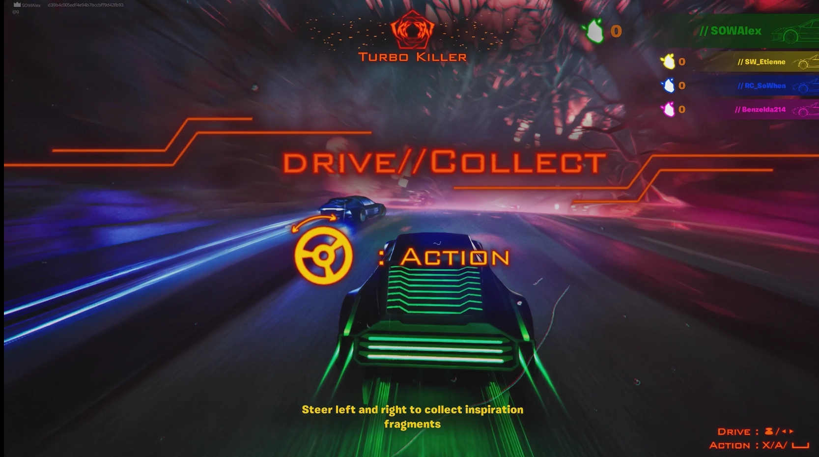 Turbo Killer "Drive//Collect" game interface: car on a neon road