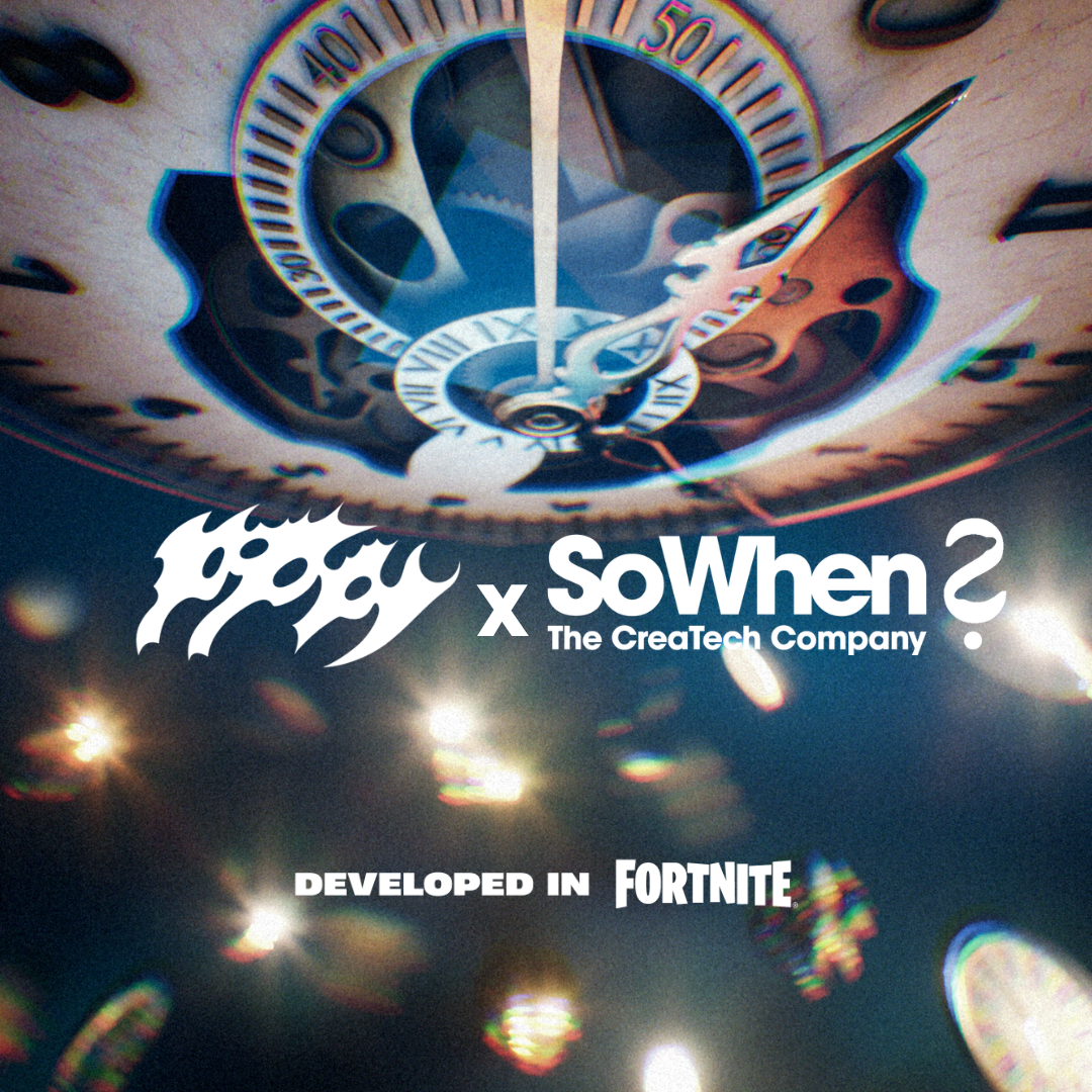 Poppy x SoWhen? The CreaTech Company visual, “Developed in Fortnite”, over a clock face seen from below