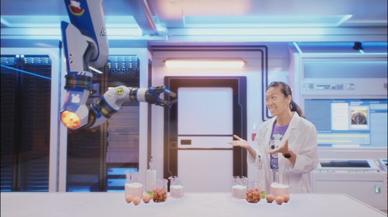 Une actrice réelle apprend à son robot virtuel ce qu'est un matériau durable en cuisinant dans la série réalisée pour Michelin par SoWhen?. cette image a été réalisée en production virtuelle sous Unreal Engine.