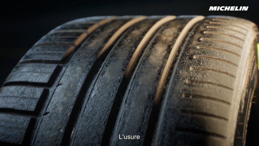 Image issue du film 3D réalisée pour Michelin. Elle illustre un pneu usé de michelin lors des 24h du Mans.