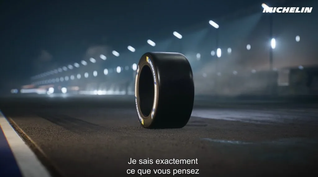 Image issue du film 3D réalisée pour Michelin. Elle illustre un pneu michelin qui prend la parole lors des 24h du Mans.