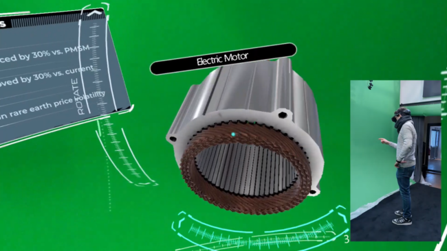 Nous voyons une personne équipée d'un casque XR manipuler un moteur en réalité virtuelle